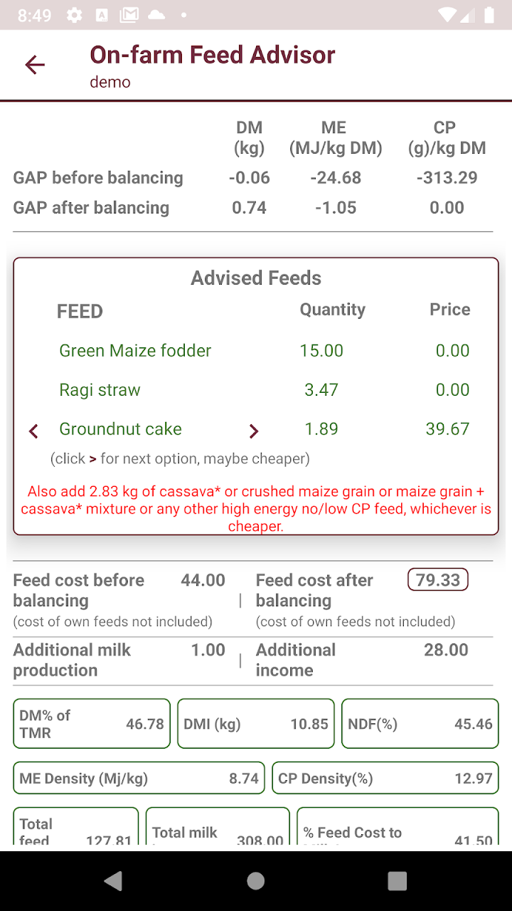 On-farm Feed Advisor screenshot