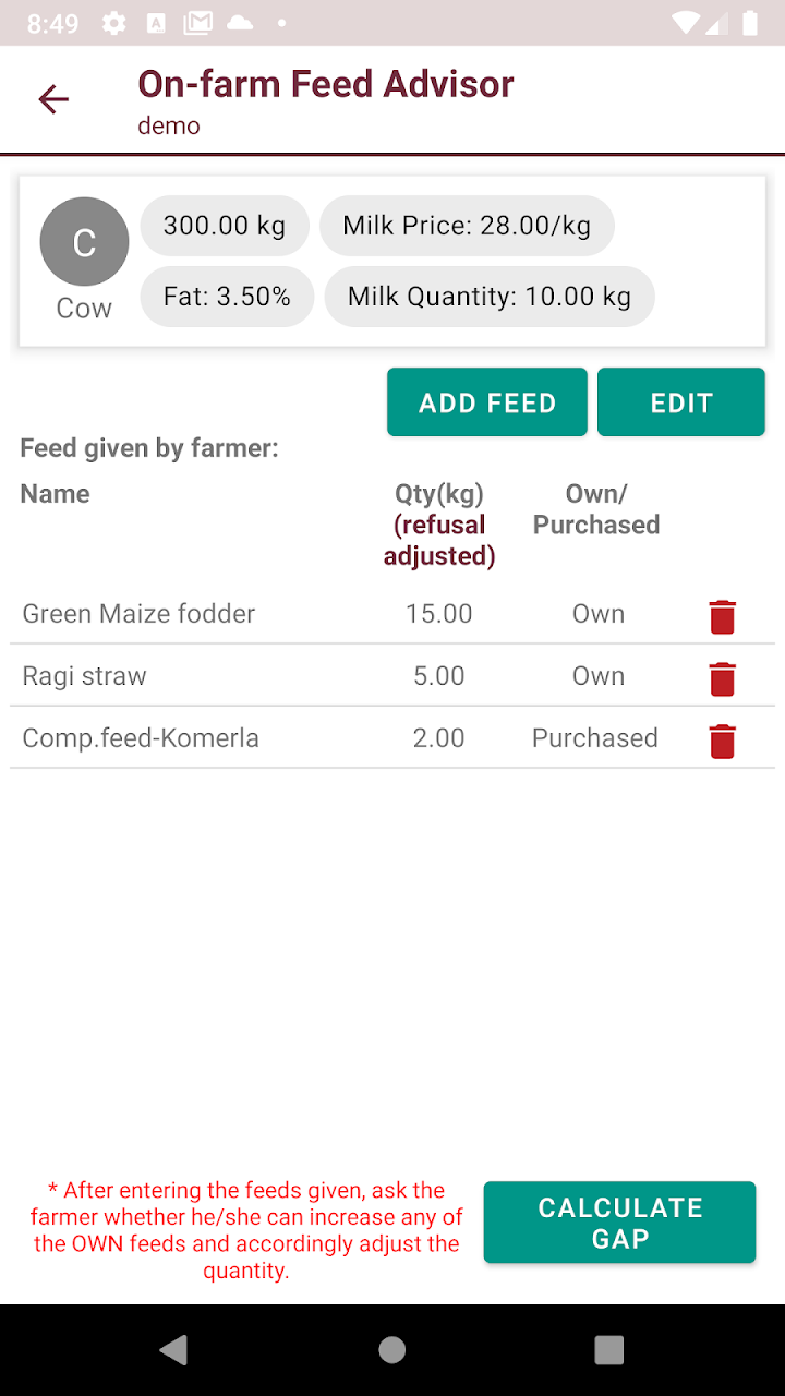 On-farm Feed Advisor screenshot